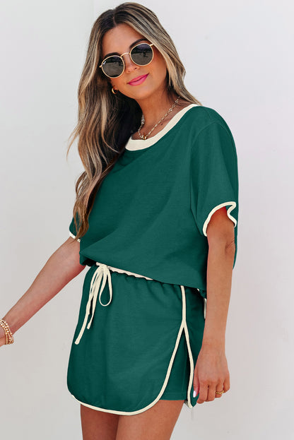 Turquoise Colorblock Edge Drop Shoulder T Shirt and Skort 2Pcs Set