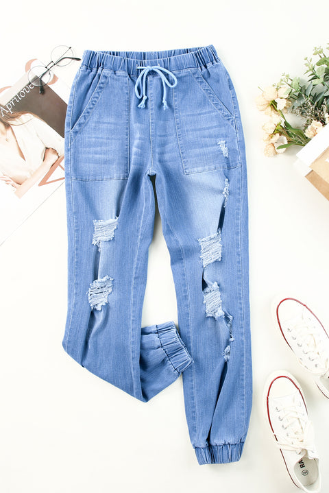 Pocketed Distressed Denim Joggers