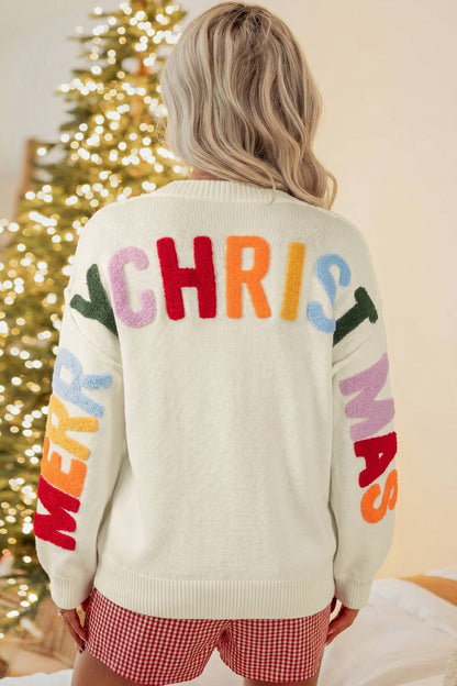 White Ho Ho Ho Slogan V Neck Button Front Embroidered Knit Cardigan
