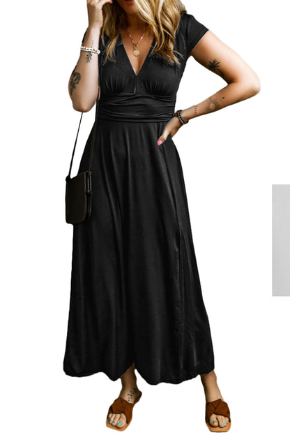 Robe longue noire froncée à manches courtes et col en V, taille haute