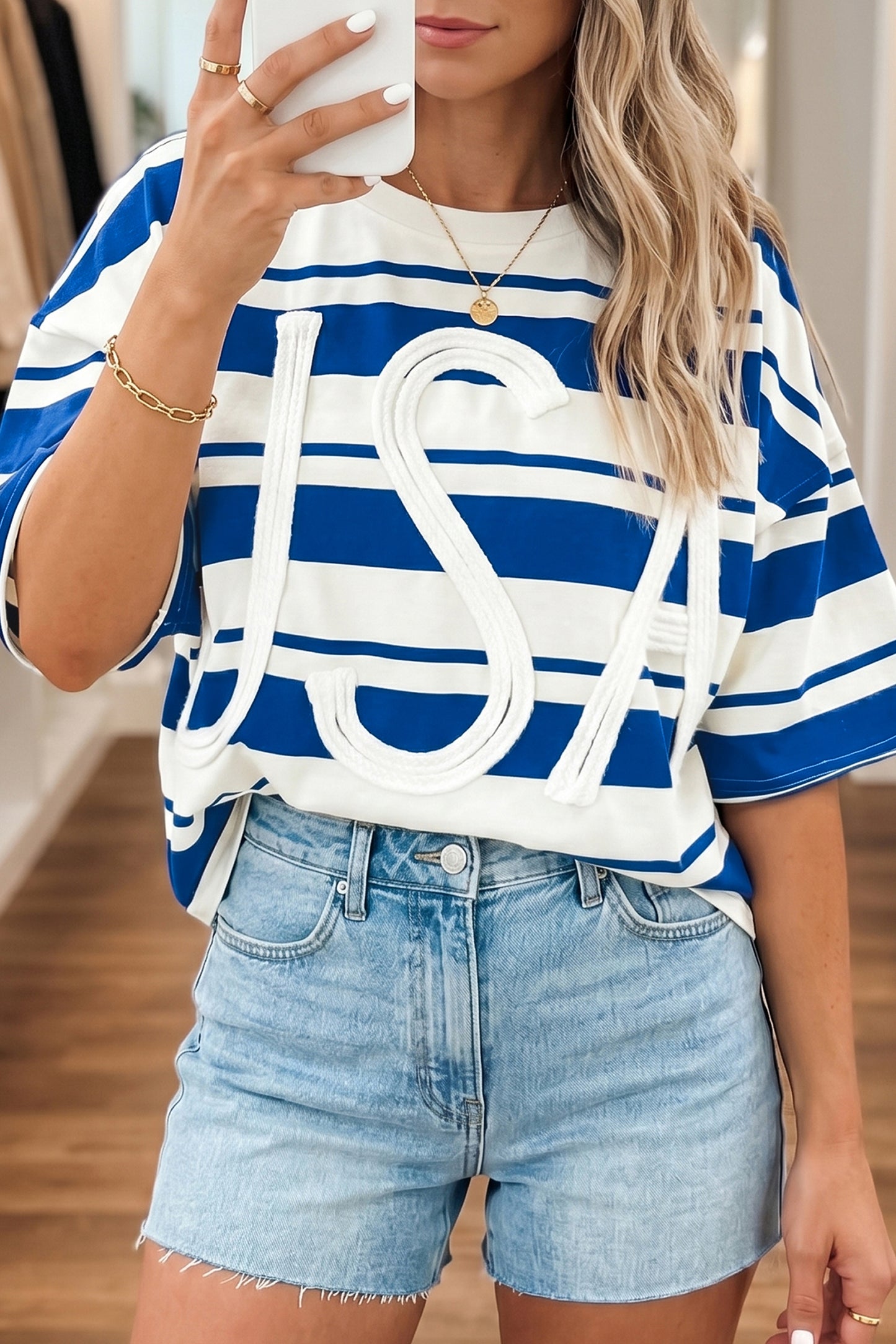 Blue Stripe USA Graphic Drop Shoulder Half Sleeve Loose T Shirt