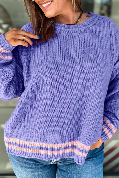 Wisteria Plus Size Striped Trim Drop Shoulder Knit Loose Sweater