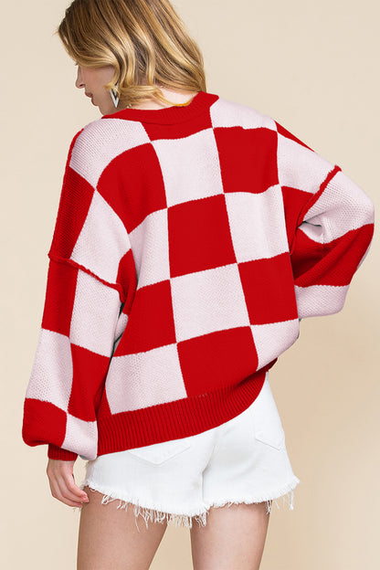 Dark Brown Checkered Bishop Sleeve Sweater