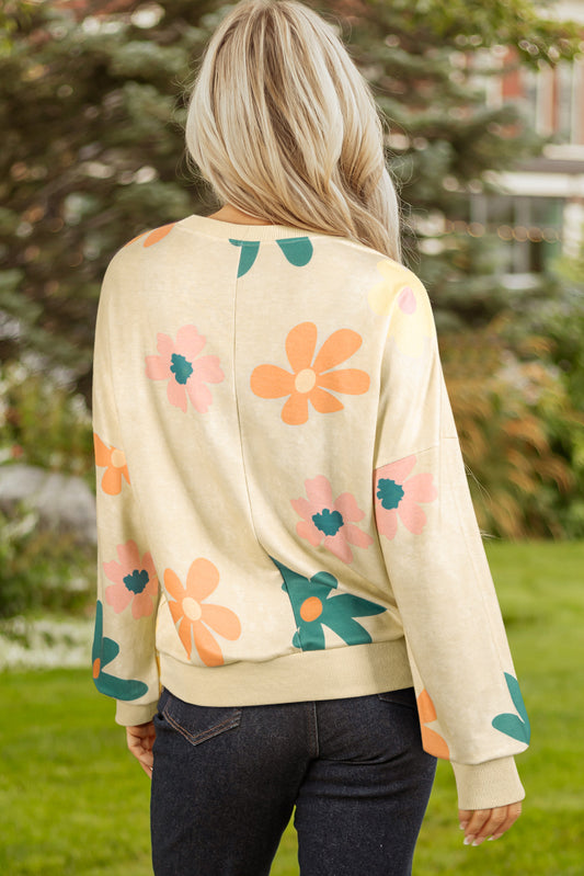 Khaki Mineral Washed French Terry Flower Print Sweatshirt