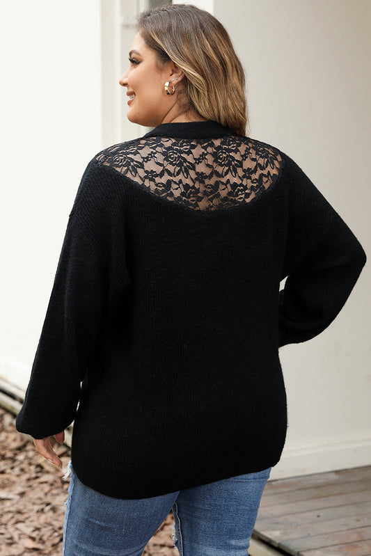 Suéter negro con cuello alto y empalme de encaje de punto acanalado de talla grande 