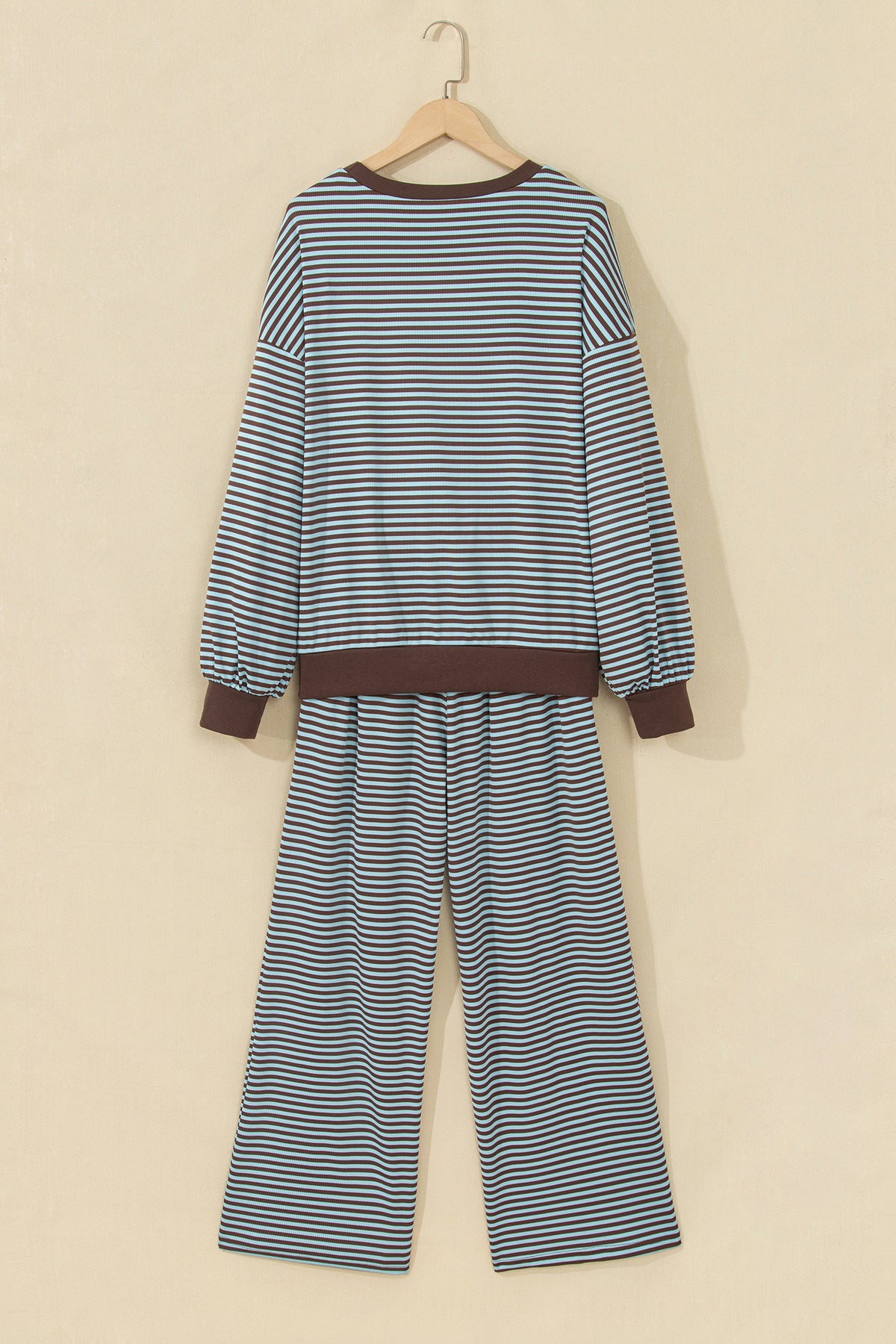 Brown Stripe Drop Shoulder Loose Top and Pants Two Piece Set
