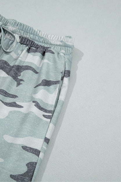 Green Camo Wide Leg Tie Elastic Waist Casual Pants