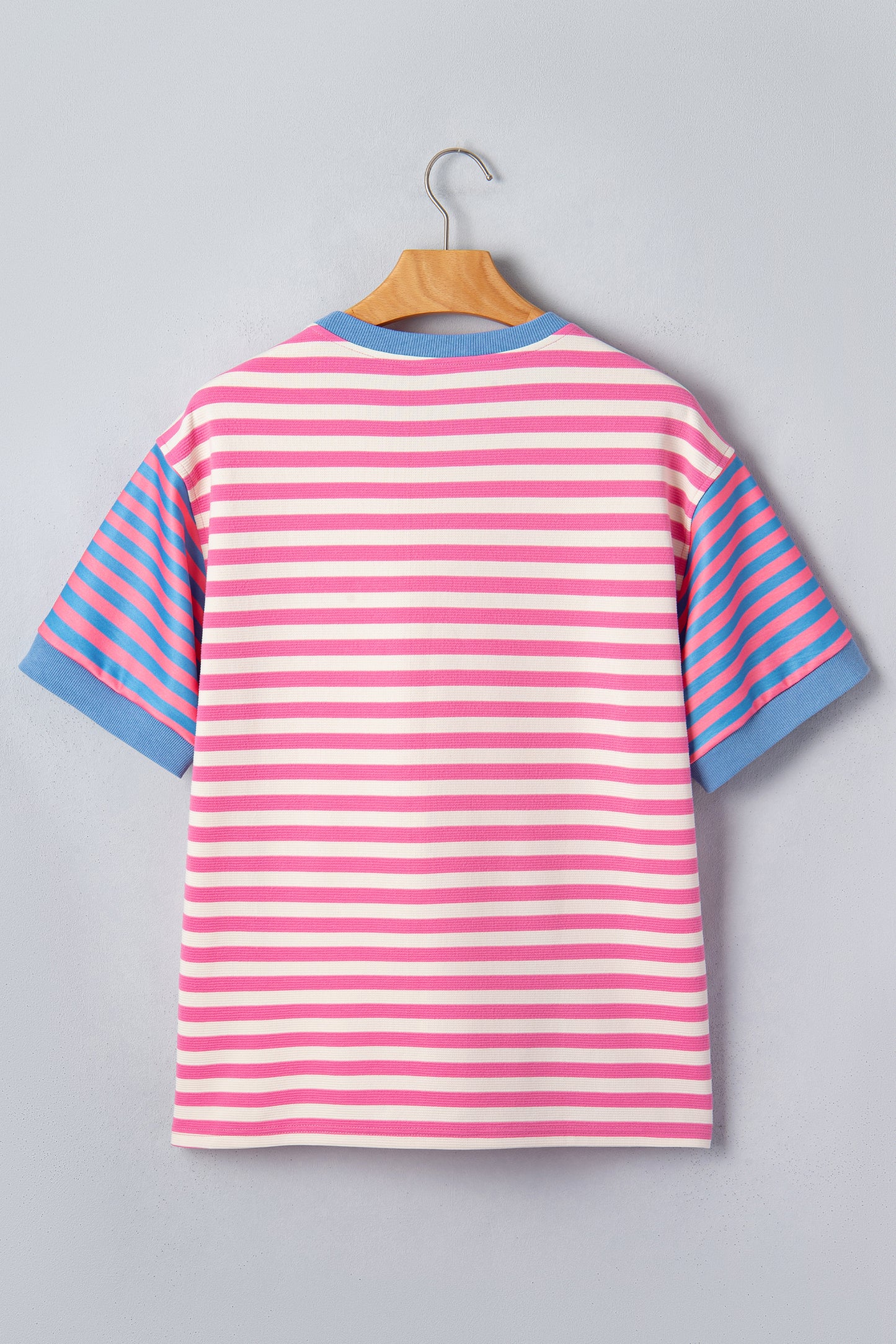 Pink Stripe Contrast Patchwork Short Sleeve Loose Tee
