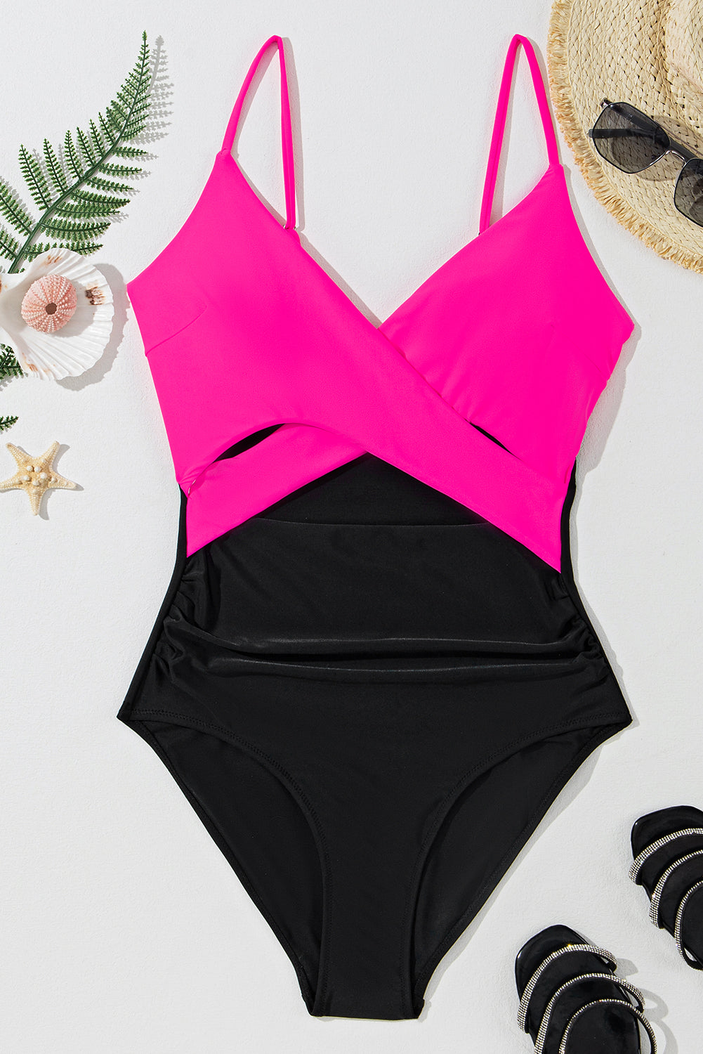 Maillot de bain une pièce à découpes croisées et colorblock rouge rose