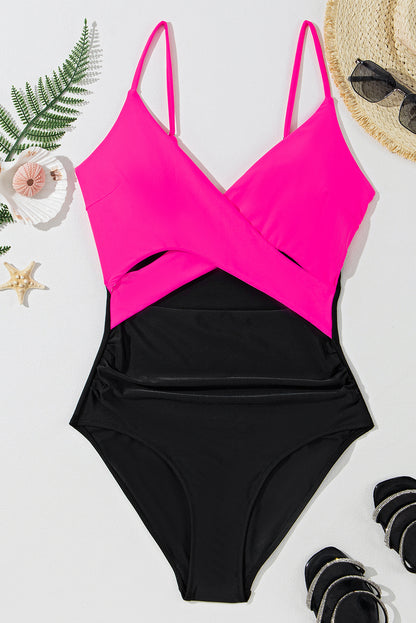 Maillot de bain une pièce à découpes croisées et colorblock rouge rose