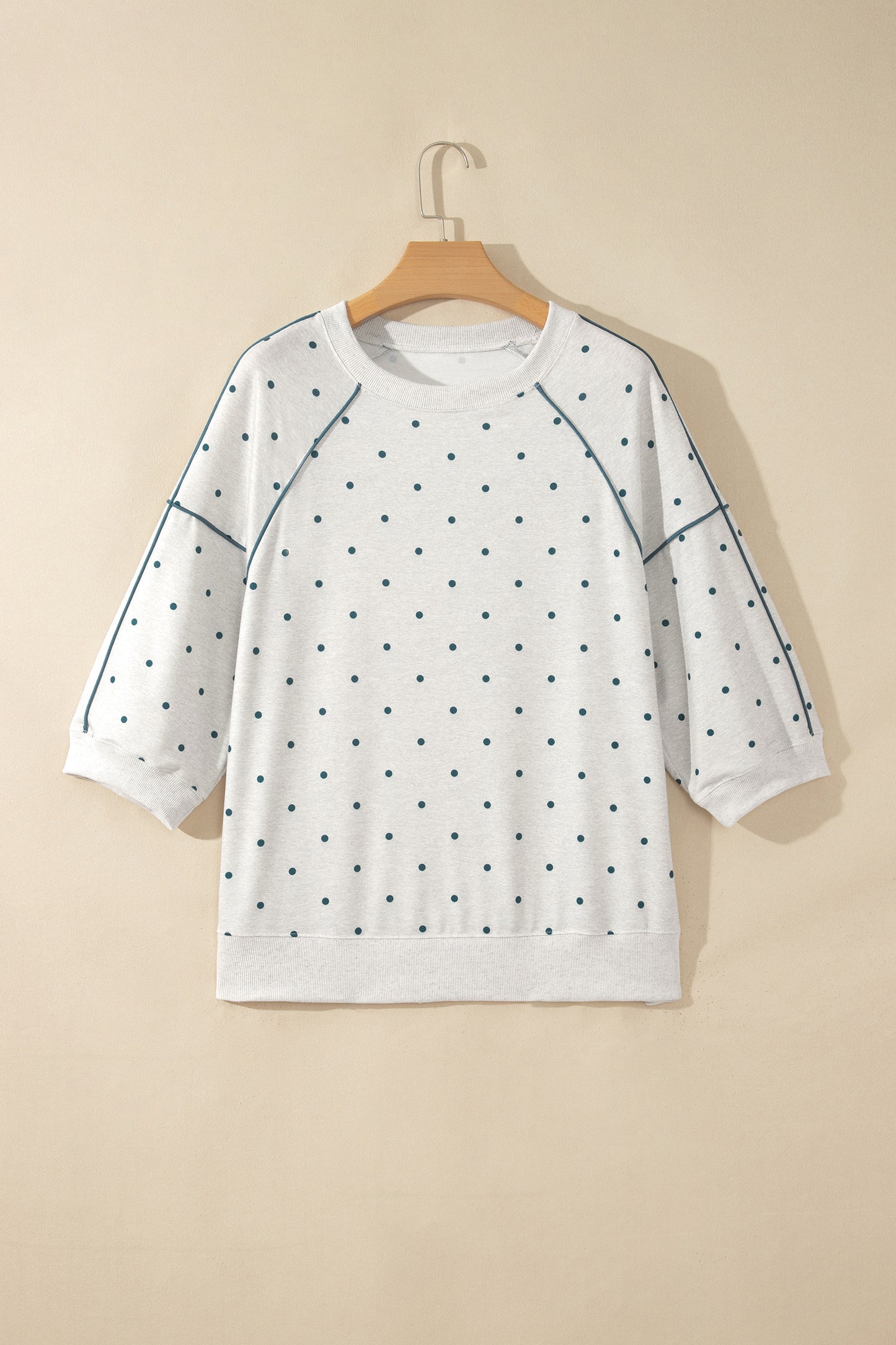 Gray Polka Dot Print Piping Trim 3/4 Sleeve Relaxed Top