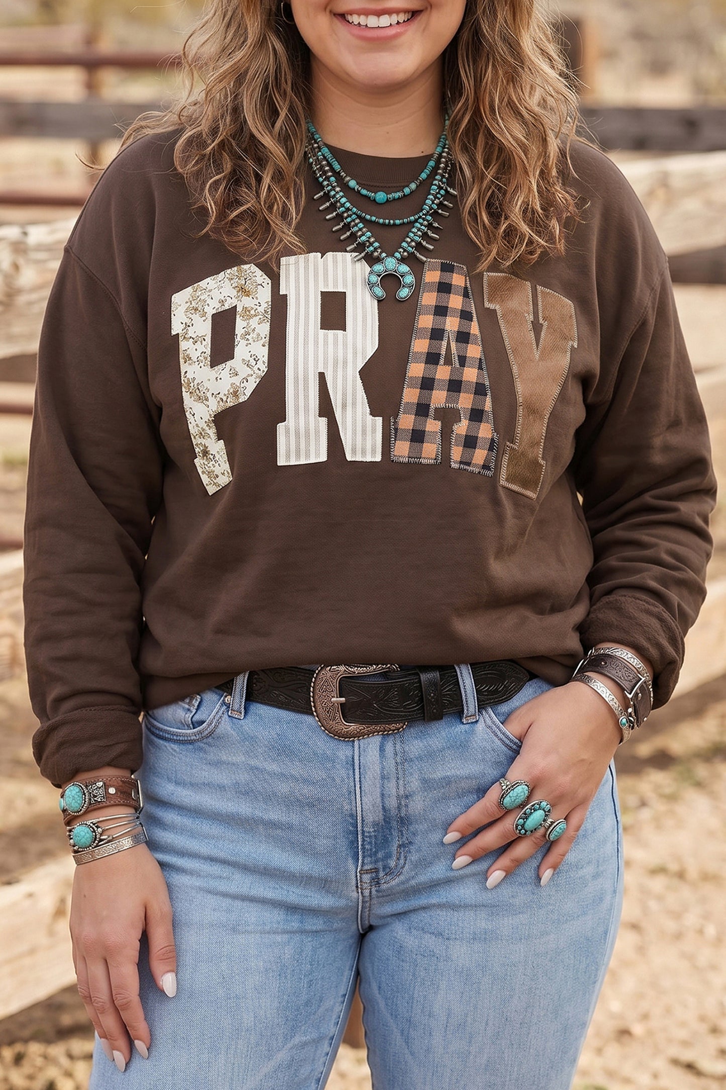 Coffee PRAY Letter Patchwork Round Neck Long Sleeve Plus Size Sweatshirt