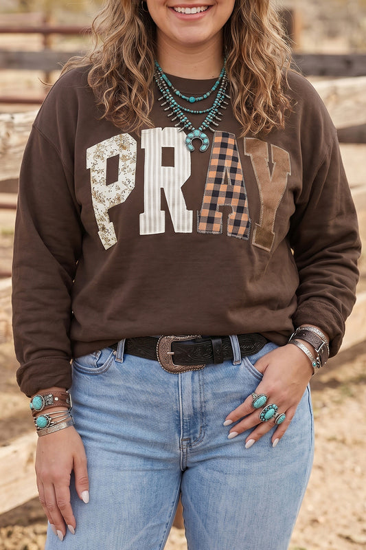 Coffee PRAY Letter Patchwork Round Neck Long Sleeve Plus Size Sweatshirt