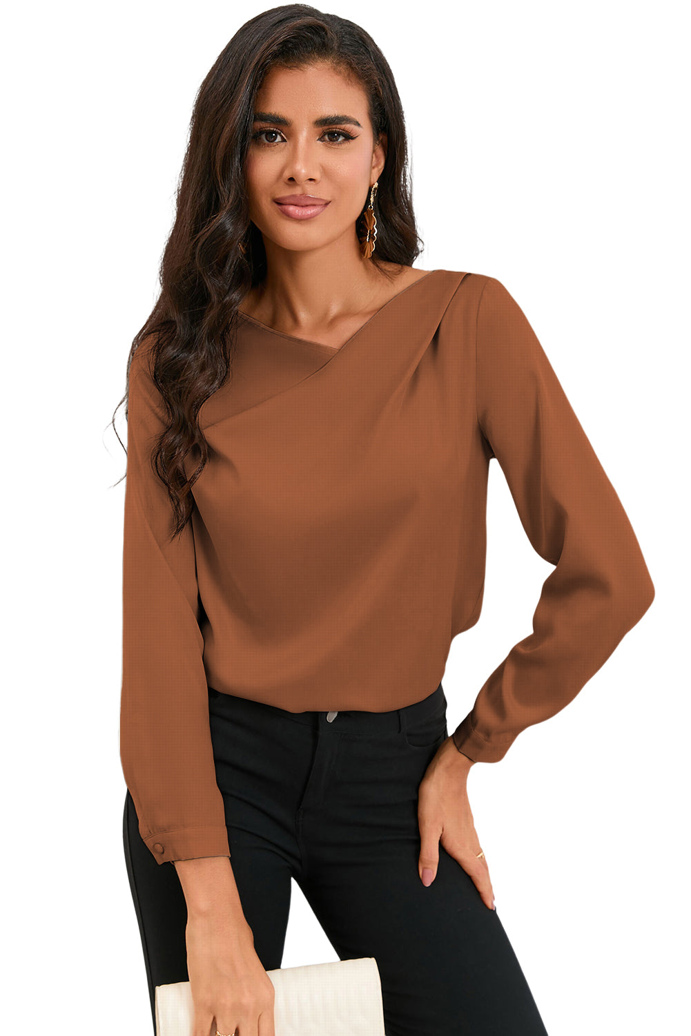 White Solid Asymmetric V Neck Long Sleeve Satin Blouse