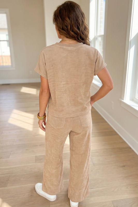 Light French Beige Solid Color Short Sleeve Ribbed Top Casual Pants 2pcs Set
