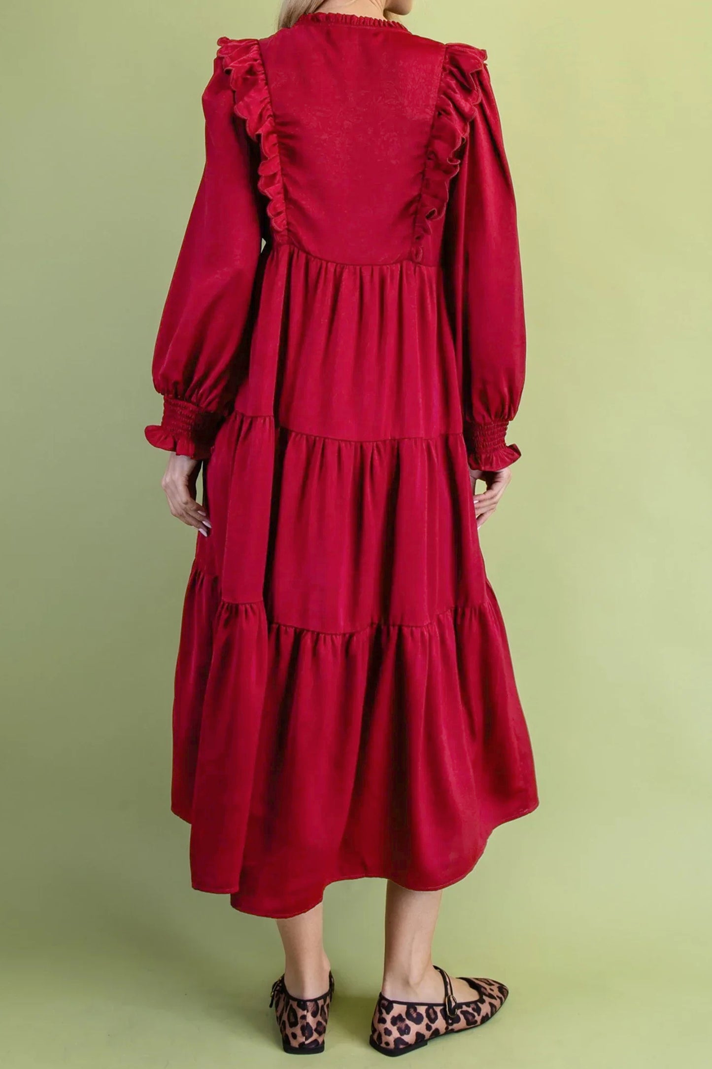 Racing Red Solid Color Ruffle Trim Long Sleeve Tiered Shift Midi Dress