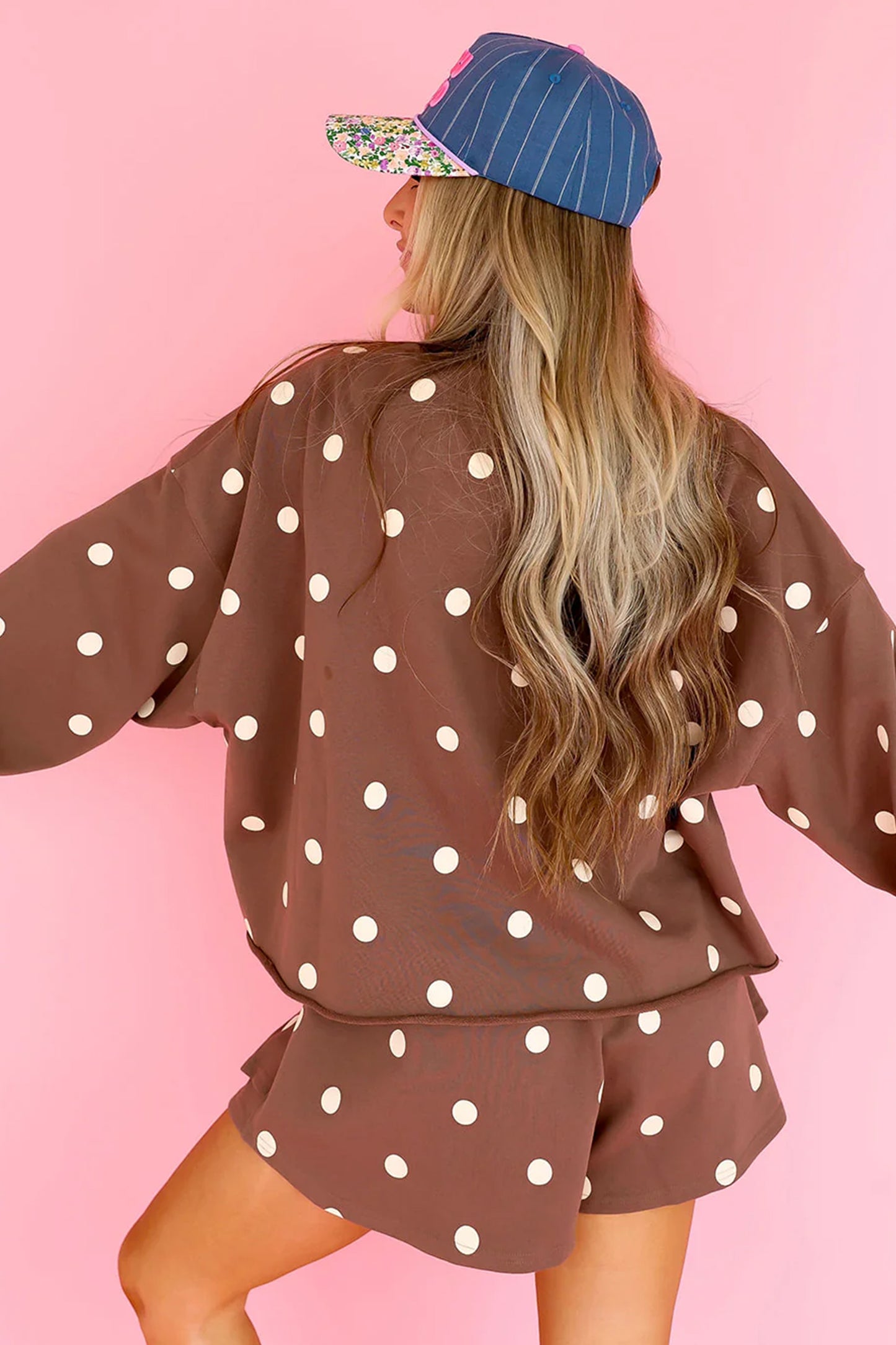 Brown Polka Dot Raw Hem Relaxed Pullover Loose Skort Two Piece Set