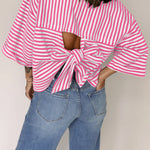 Pink Stripe Bowknot Cutout Back Drop Shoulder Wide Bracelet Sleeve Loose Tee