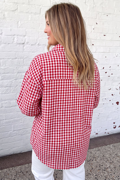 Red Plaid V Neck Long Sleeve Tunic Loose Fit Plus Size Shirt