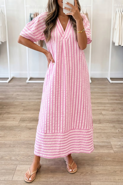 Pink Stripe V Neck Short Sleeve Shift Long Dress