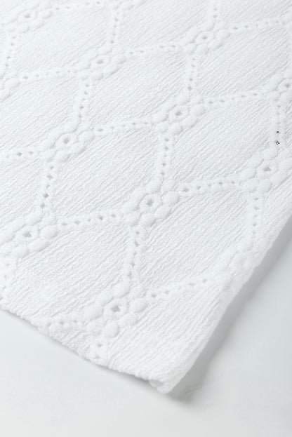 White Flower Geometric Textured Button Short Sleeve Top