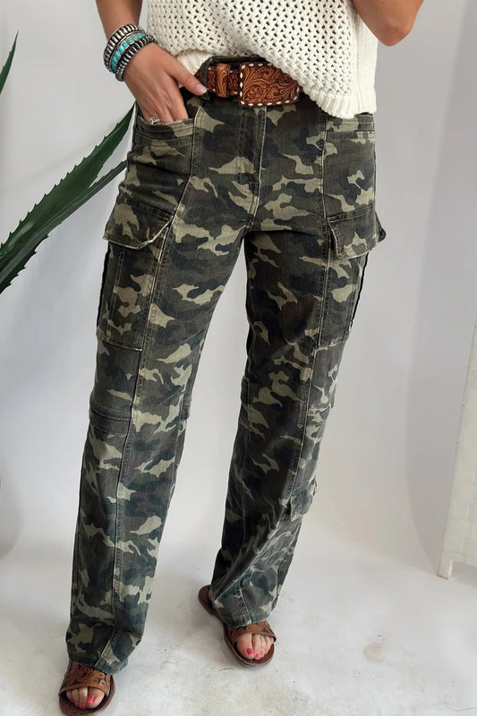 Green Camouflage Print Multi Pocketed Womens Denim Pants