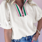White Contrast Striped Collar Patchwork Textured Half Sleeve Blouse