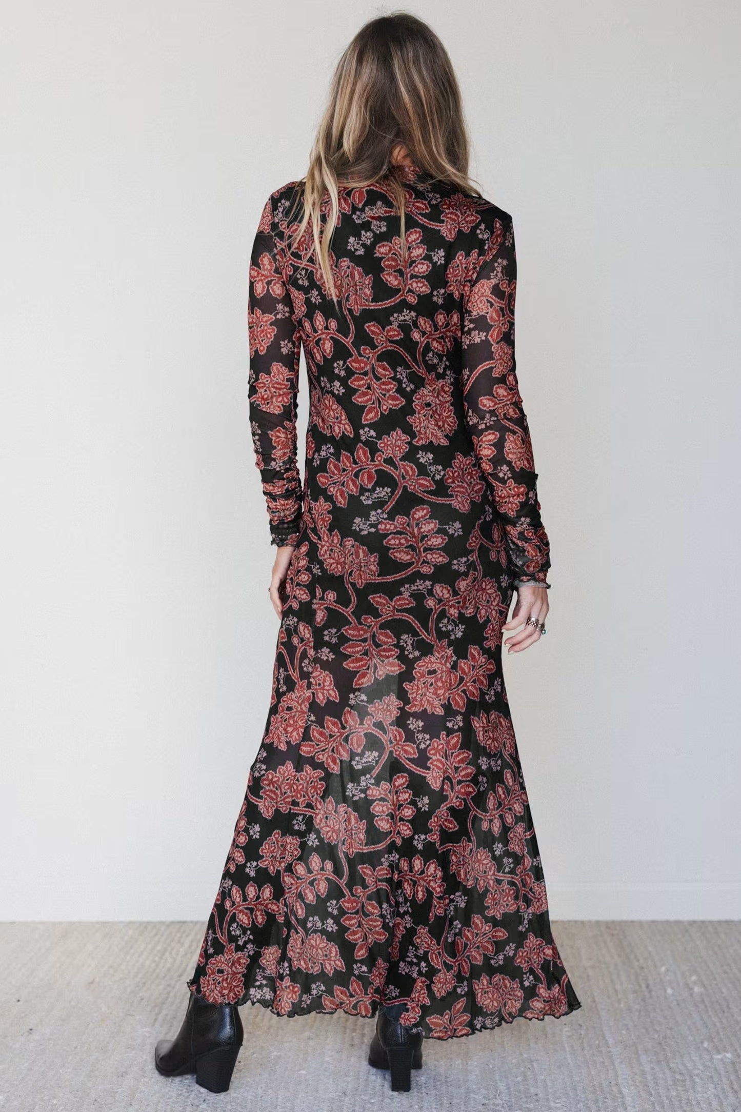 Black Retro Floral Print Long Sleeve Casual Mesh Dress