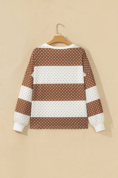 Brown Polka Dot Patchwork Colorblock Long Sleeve Top