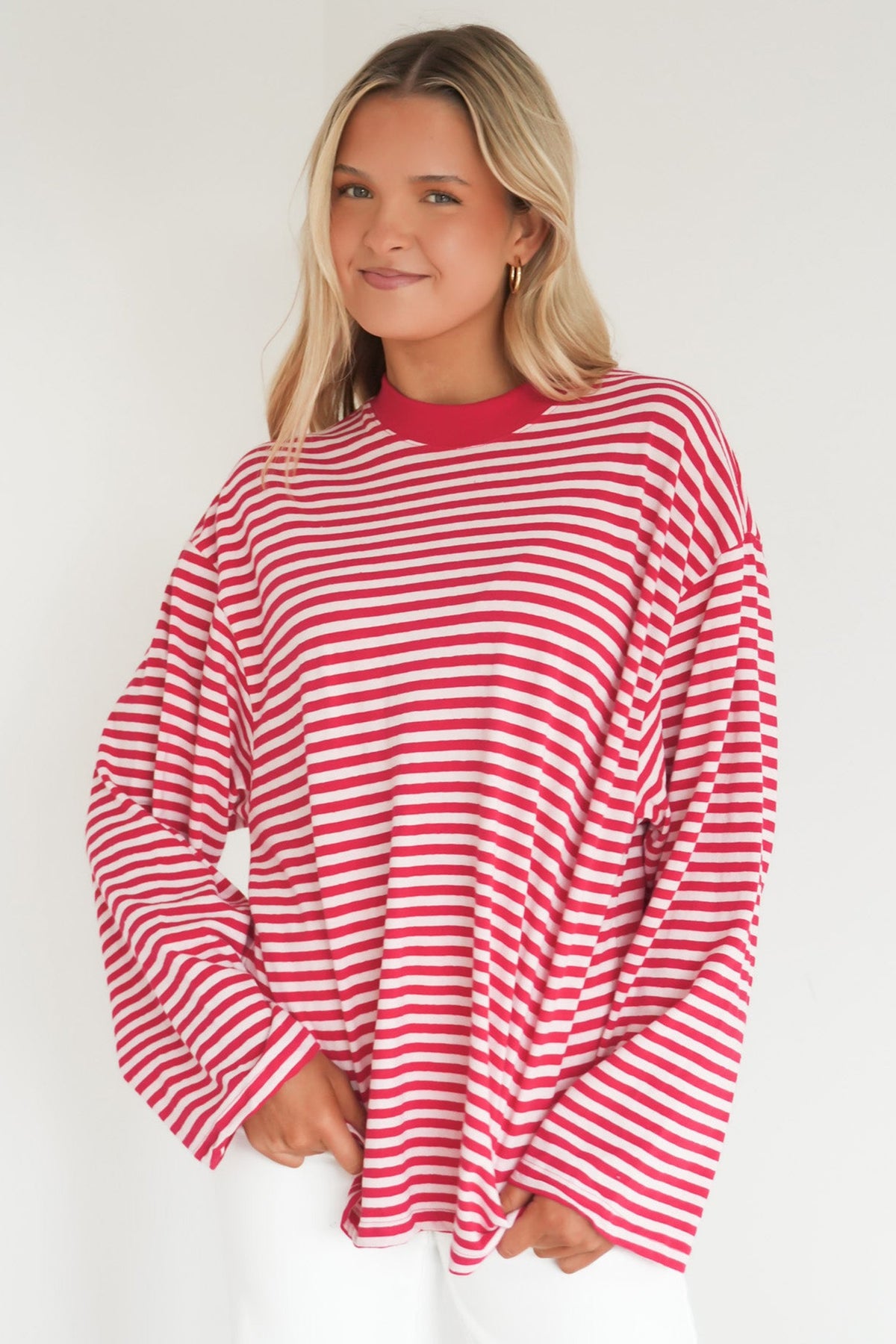 Red Stripe Oversized Long Sleeve Round Neck Top