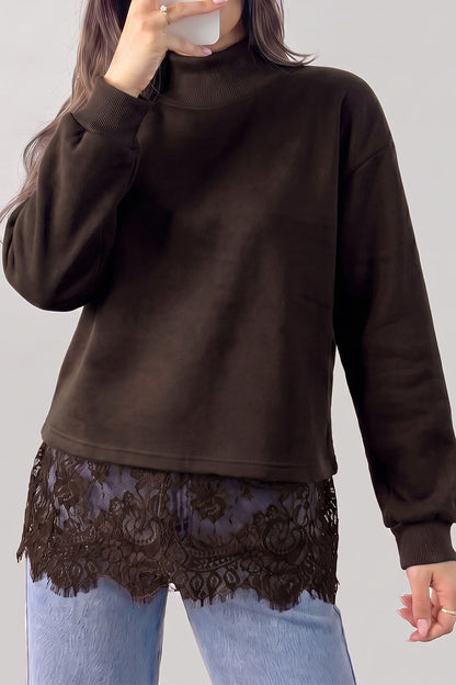 Coffee Solid Color High Neck Lace Splicing Hem Pullover Sweatshirt