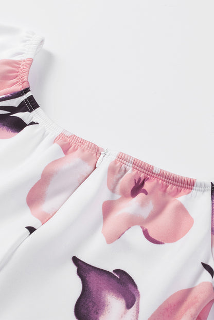 Robe mi-longue moulante fendue à épaules dénudées et imprimé floral bleu foncé