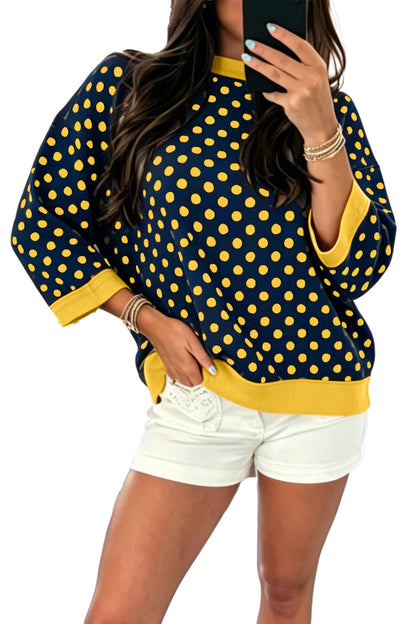 Blue Polka Dot Print Contrast Trim Round Neck Bracelet Sleeve Top