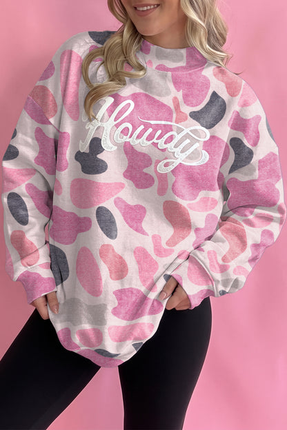 Pink Camo Print Howdy Western Style Baggy Pullover Sweatshirt