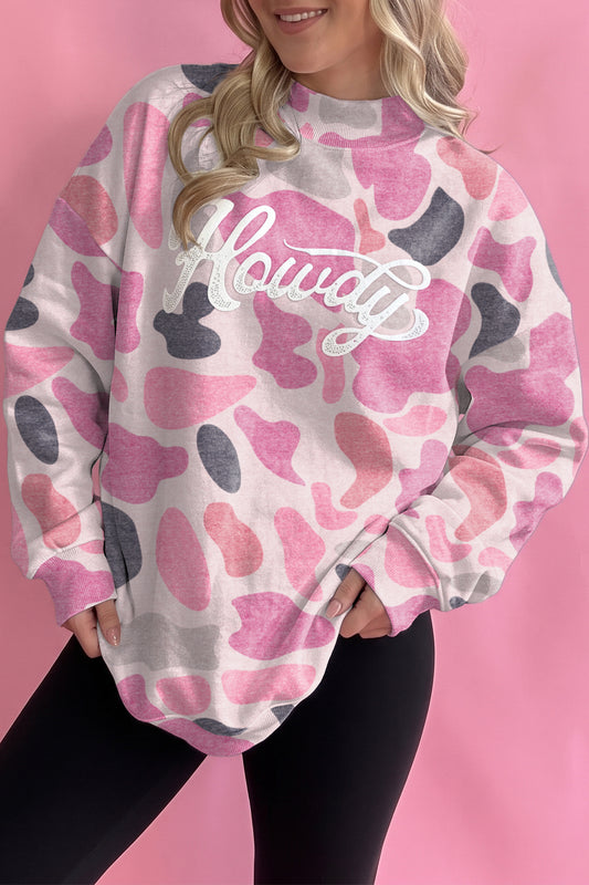 Pink Camo Print Howdy Western Style Baggy Pullover Sweatshirt