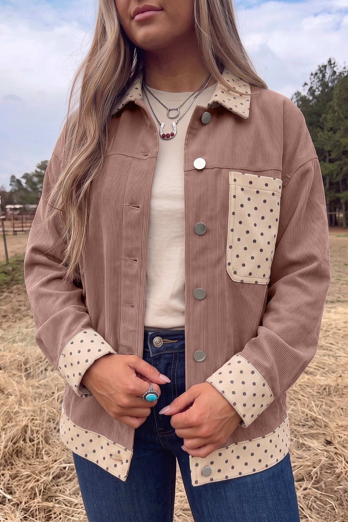 Goat Contrast Polka Dot Patchwork Corduroy Button Shacket