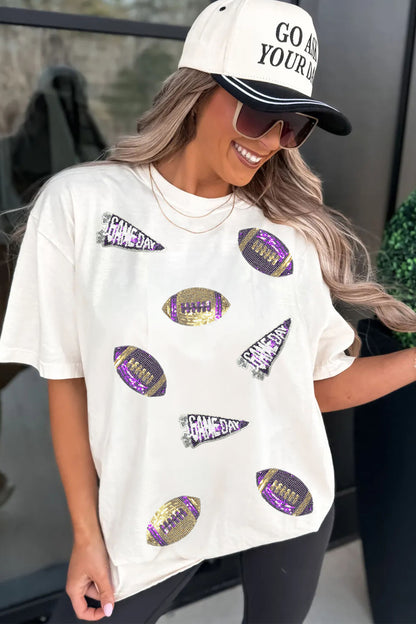 White Sequin Game Day Football Print T-Shirt