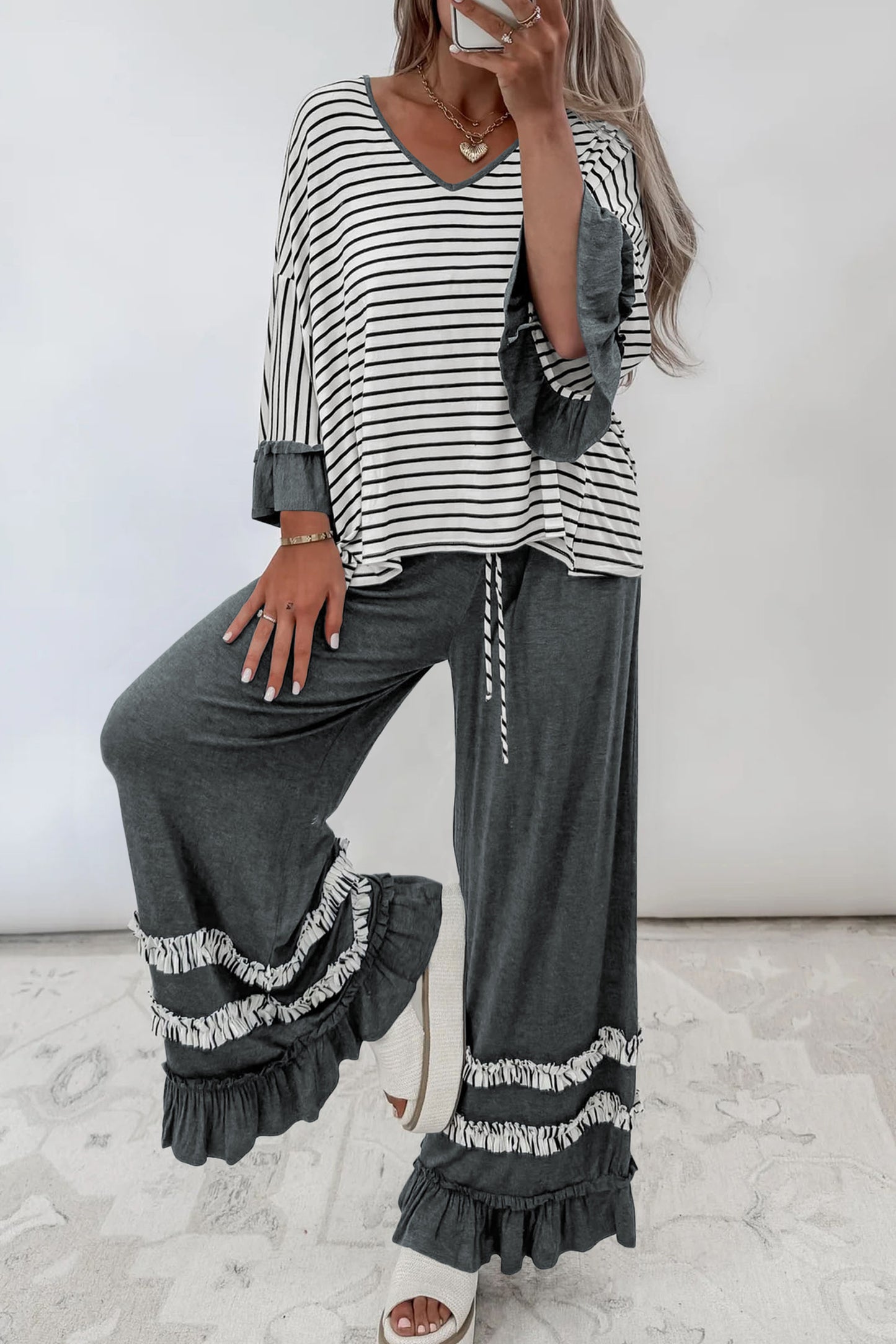 Gray Stripe V Neck Ruffle Contrast Sleeve Top Drawstring Pants 2pcs Set
