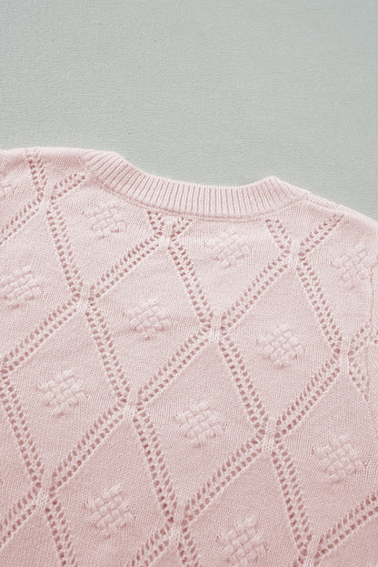 Pull court à manches bouffantes et à carreaux ajourés rose Gossamer