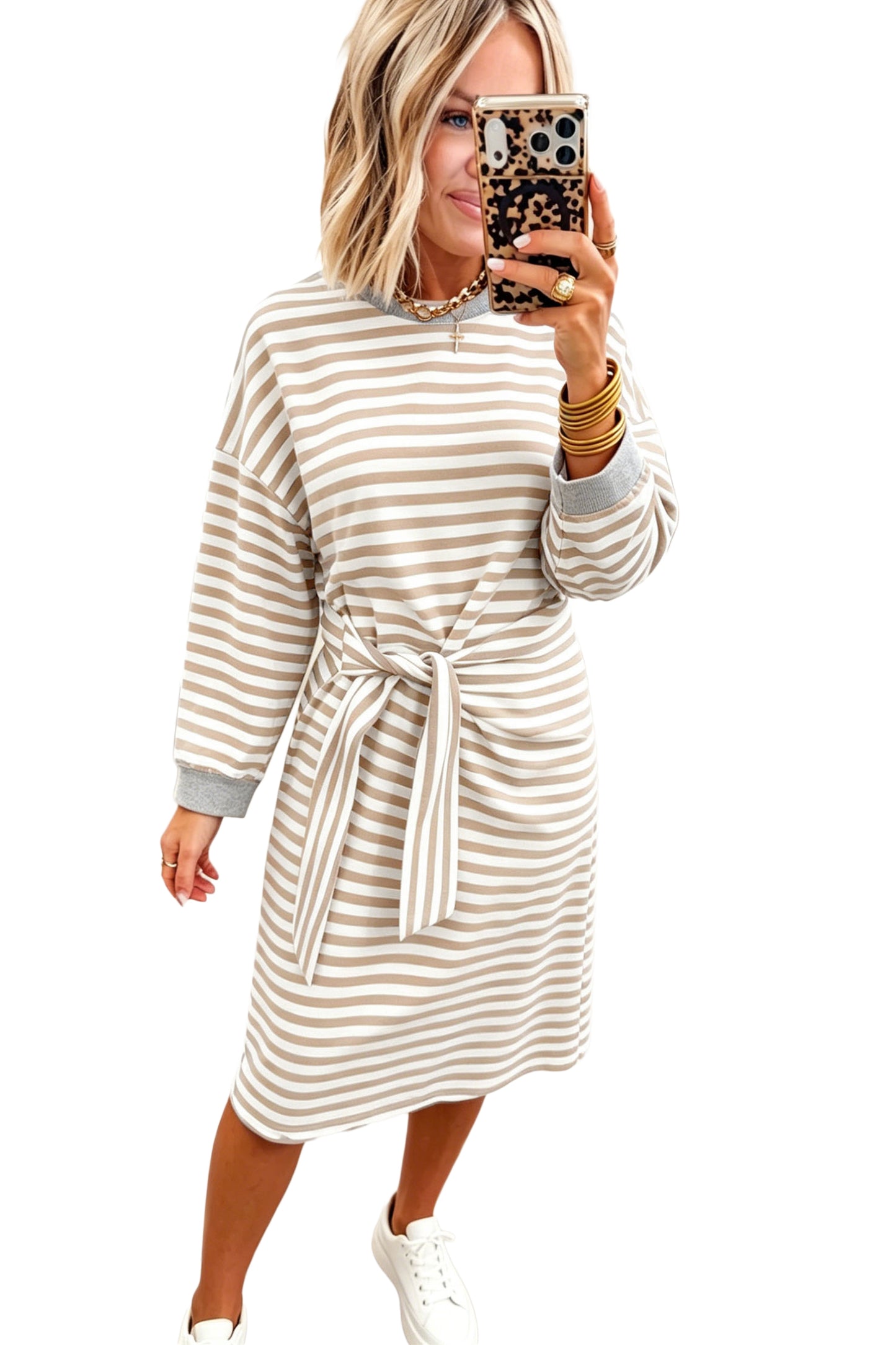 Khaki Stripe Striped Colorblock Cuffs Round Neck Long Sleeve Shift Dress