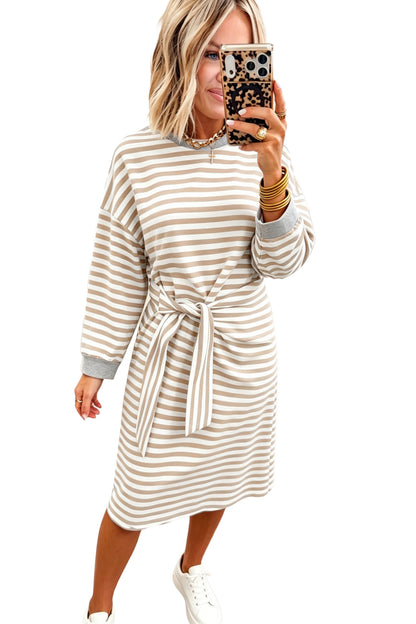 Khaki Stripe Striped Colorblock Cuffs Round Neck Long Sleeve Shift Dress