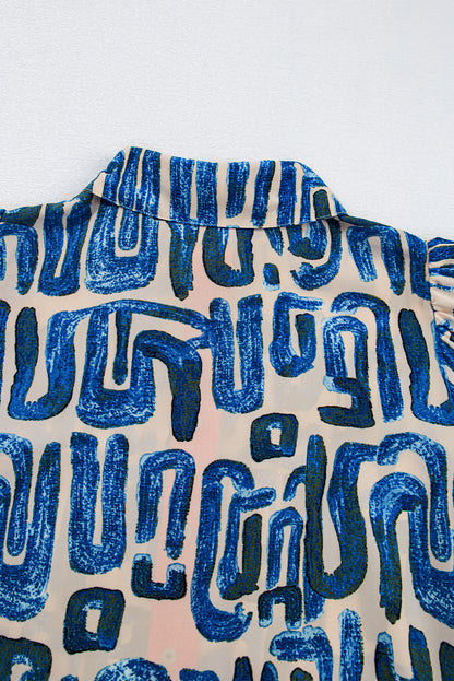 Mini-robe boutonnée à manches bouffantes et imprimé abstrait beige