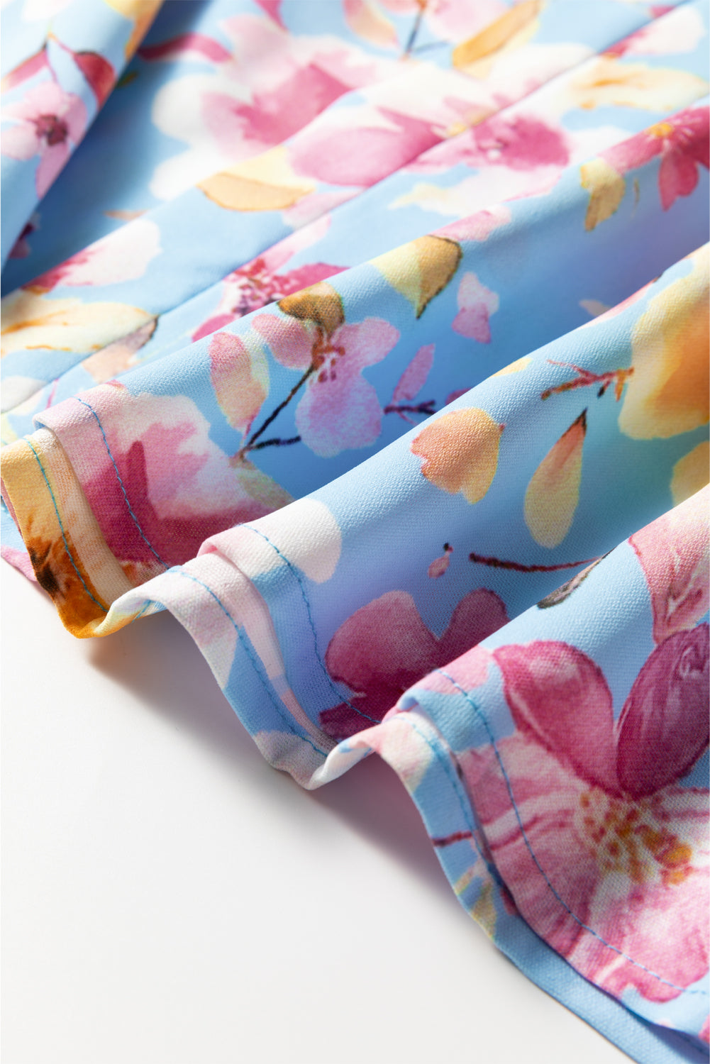 Sky Blue Floral Smocked Cuff Flounce Sleeve V Neck Blouse