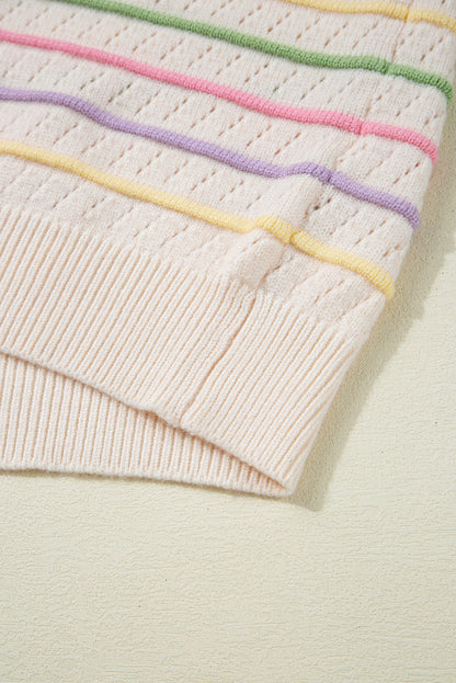 T-shirt pull à manches volantées en tricot à œillets rayé coloré couleur avoine