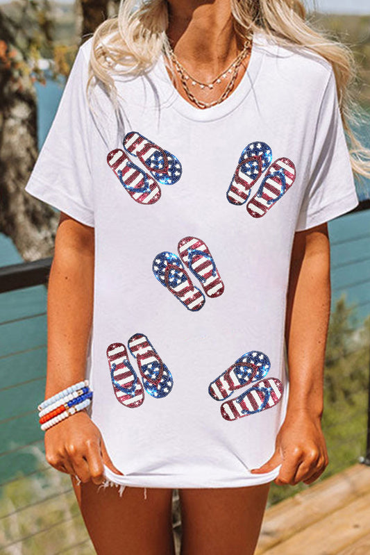 White Sequin American Flag Slipper Pattern Graphic T Shirt