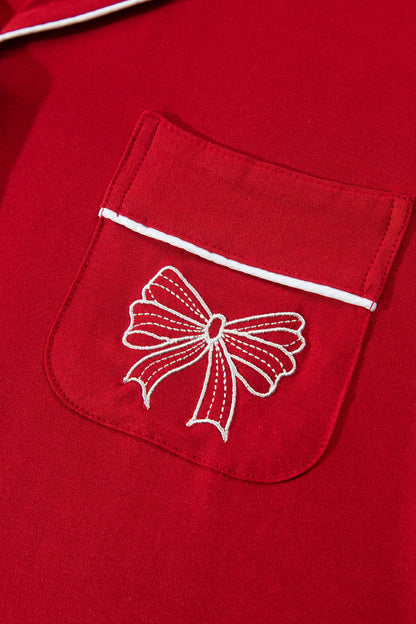Racing Red Bow Pocket Detail Long Sleeve Shirt 2pcs Pajama Set
