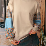 Smoke Gray Plaid Colorblock Patchwork Sleeve Raw Seam Sweatshirt