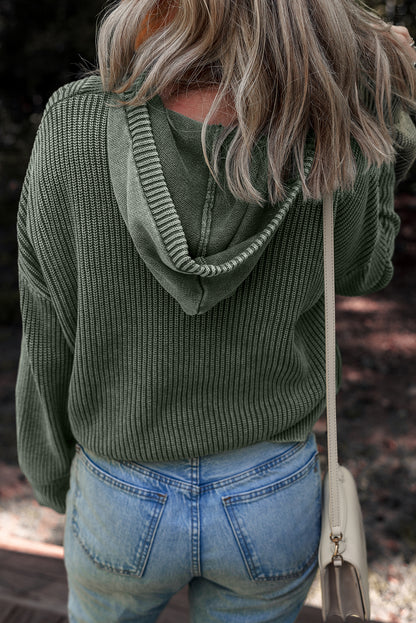Mist Green Mineral Wash Ribbed Knit Button Drawstring Neck Hooded Sweater