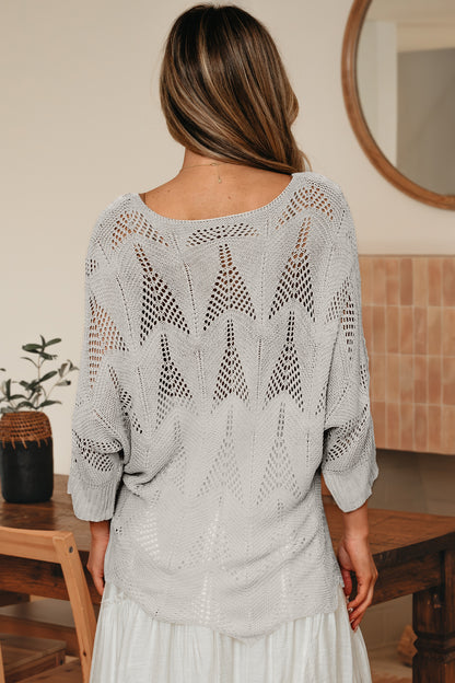 Navy Blue Hollow Out Knit 7/8 Sleeve Casual Sweater