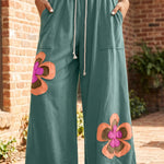 Sea Green Color Block Flower Patchwork Drawstring Contrasted Elastic Waist Wide Leg Pants